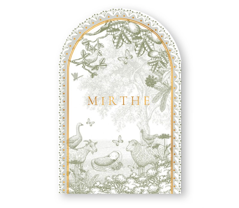 Geboortekaartje met schaap, geit en gans. Een illustratie waarin het platteland met weiland en de boerderij centraal staan. Een sereen geboortekaartje in monotoon en verkrijgbaar in verschillende tinten. De baby in de natuur op jullie geboortekaartje.