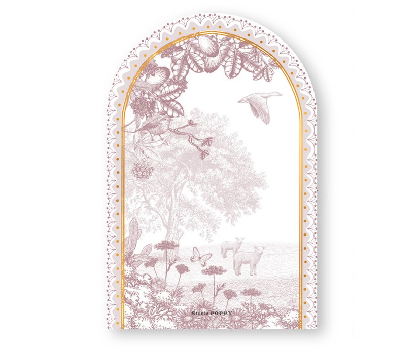 Geboortekaartje platteland met bomen en boerderij dieren. Gedrukt in bijzonder formaat, namelijk in boogvorm met prachtig illustratief kader. De monotonen van de illustratie met schaap, geit en gans zijn er in verschillende kleuren.