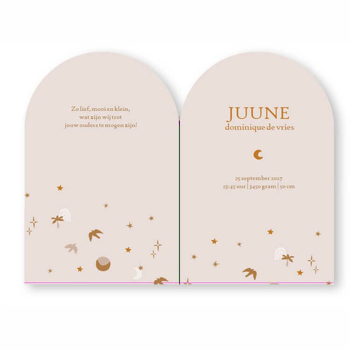 Geboortekaartje in boogvorm, een bijzondere toepassing voor een uniek geboortekaartje. Het patroontje maakt het heel schattig en hip. Kijk eens in de beeldbank als je jouw geboortekaartje graag eigen wil maken met details. In een handomdraai heb jij jouw 