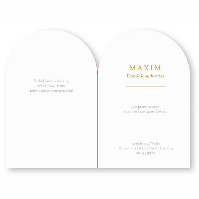 Geboortekaartje in boogvorm, een bijzondere toepassing voor een uniek geboortekaartje. De foto komt zo prachtig tot zijn recht. Kijk eens in de beeldbank als je jouw geboortekaartje graag eigen wil maken met details. In een handomdraai heb jij jouw kaart 