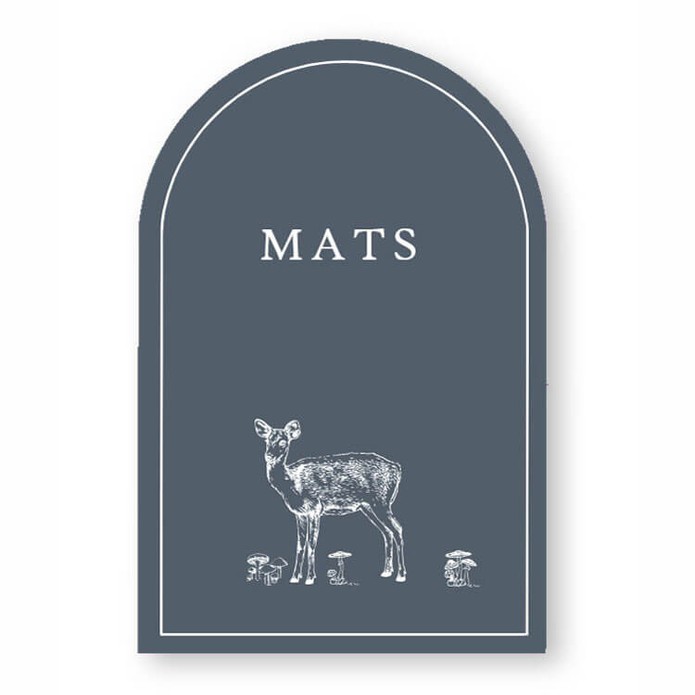 Geboortekaartje met hertje in boogvorm. Minimalistisch met een mooi kadertje en lijntekening van paddenstoelen.