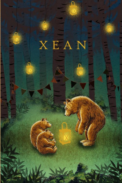 Geboortekaartje bos met beren en lantaarntjes