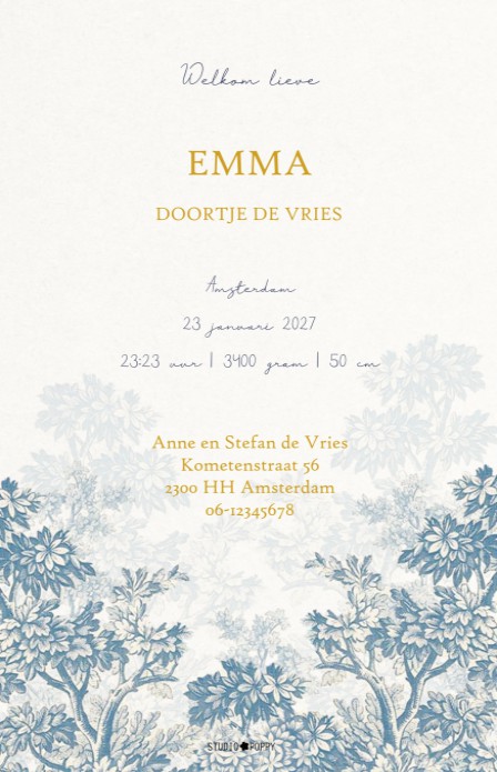 Een prachtig geboortekaartje in mono kleuren met hertjes. Het doet een beetje denken aan de vroegere etsen, een beetje vintage. Heel romantisch geboortekaartje in prachtige kleur. Vraag eens de gratis proefkaart aan.