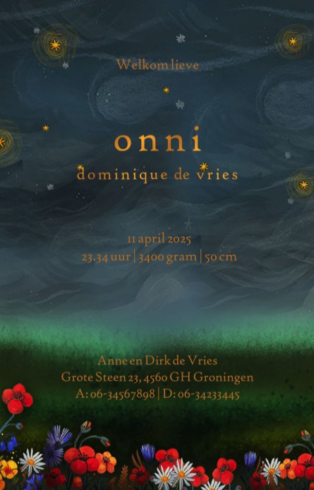Dromerig geboortekaartje bos met een huisje. Een rookpluim dwarrelt de lucht met vele sterren in. Het licht van de maan schijnt over de bomen, bloemen en vos die er loopt. Prachtig beeld in sprekende kleuren. Vraag eens een gratis proefkaartje aan.