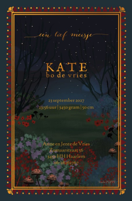 Een bijzonder geboortekaartje met bos en bosdieren zoals het hert, vos en konijn. Het illustratieve kader maakt het een uniek geheel. De folie kun je weglaten en vervangen voor een kleur die jij mooi vindt.