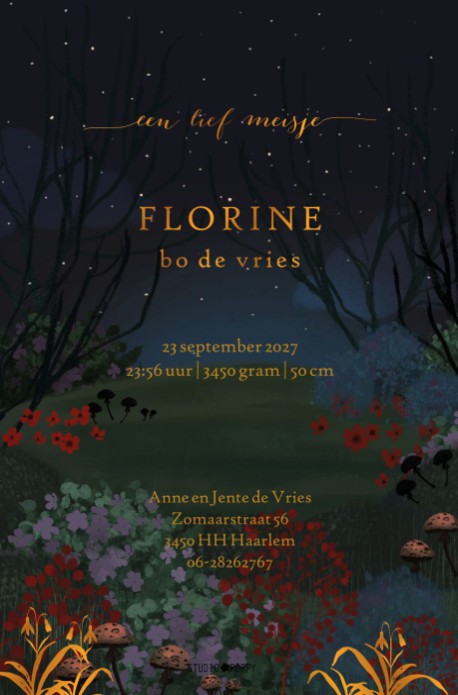 Geboortekaartje in het bos met vosjes. Alle bosdieren komen even kijken en de maan schijnt over hen heen. Een romantisch geboortekaartje met sfeervolle foliedruk accenten. De sterretjes en bloemen zijn in folie gedrukt.