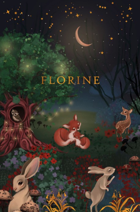 Geboortekaartje in het bos met vosjes. Alle bosdieren komen even kijken en de maan schijnt over hen heen. Een romantisch geboortekaartje met sfeervolle foliedruk accenten. De sterretjes en bloemen zijn in folie gedrukt.