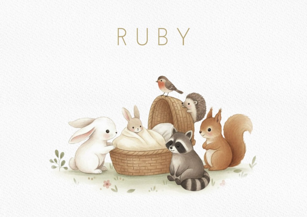 Geboortekaartje bosdieren rond het wiegje