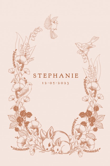 Geboortekaartje botanisch kader lichtroze met konijntjes