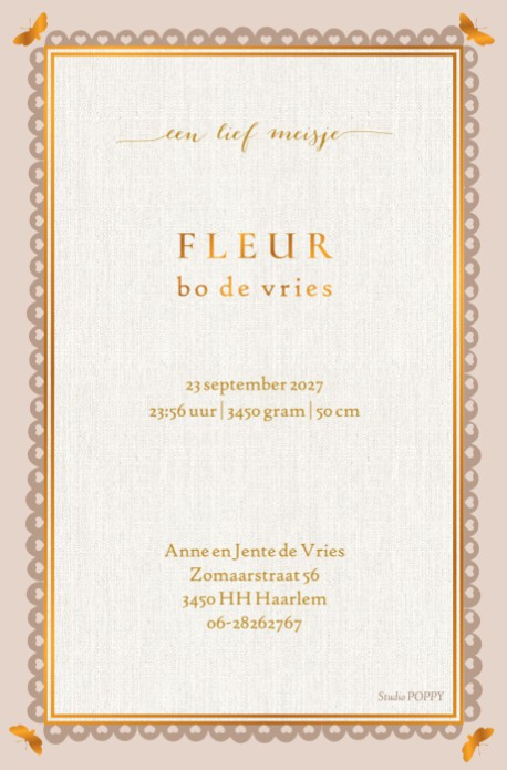 Geboortekaartje botanisch met prachtig decoratief kader. Met en zonder goudfolie te drukken. Een bijzonder bohemian illustratief geboortekaartje die je nergens anders ziet. Laat eens een proefkaartje maken.
