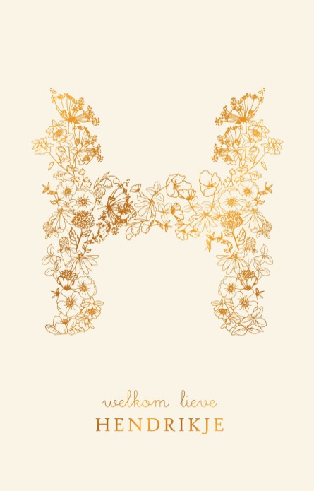 Een heel stijlvol geboortekaartje met handgetekend monogram. Het monogram is er uiteraard in alle letters van het alfabet. De bloemen zijn van kleur te veranderen, zo geef je er helemaal jouw eigen stijl aan. Klassiek botanisch geboortekaartje.