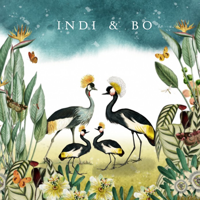 Geboortekaartje botanisch tropisch kraanvogel met broertje of zusje