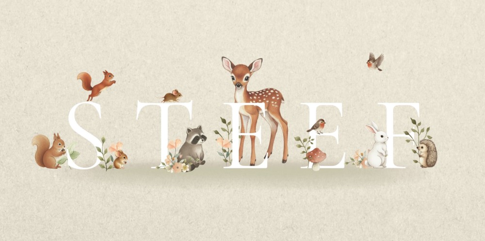 Geboortekaartje liggend breed formaat met naam. De bosdieren illustraties maken het een illustratief geboortekaartje waar e naam helemaal tot zijn recht komt. Hoe dan ook een uniek geboortekaartje dus.