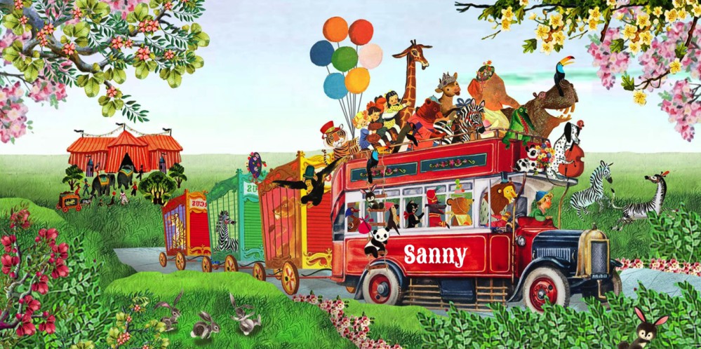 Geboortekaartje met circus stoet met dieren zoals de leeuw, tijger, zebra, beer, nijlpaard, panda en giraffe. Een bonte gezellige stoet dat verder trekt met het circus. Er is zoveel te zien, een illustratief geboortekaartje met vrolijk karakter.