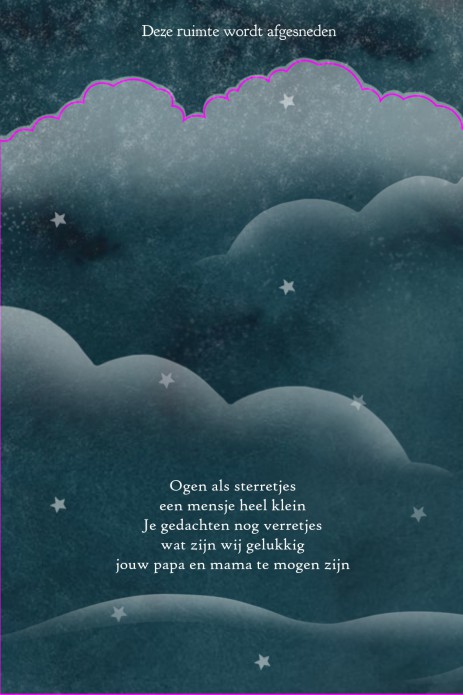 Een geboortekaartje in een bijzondere vorm, een uniek geboortekaartje met een kleine uitsparing bij de wolk! Echt een bijzonder geheel met handgeschilderde illustraties van luchten, wolken en walvis. De sterren en maan mogen natuurlijk niet ontbreken. In 