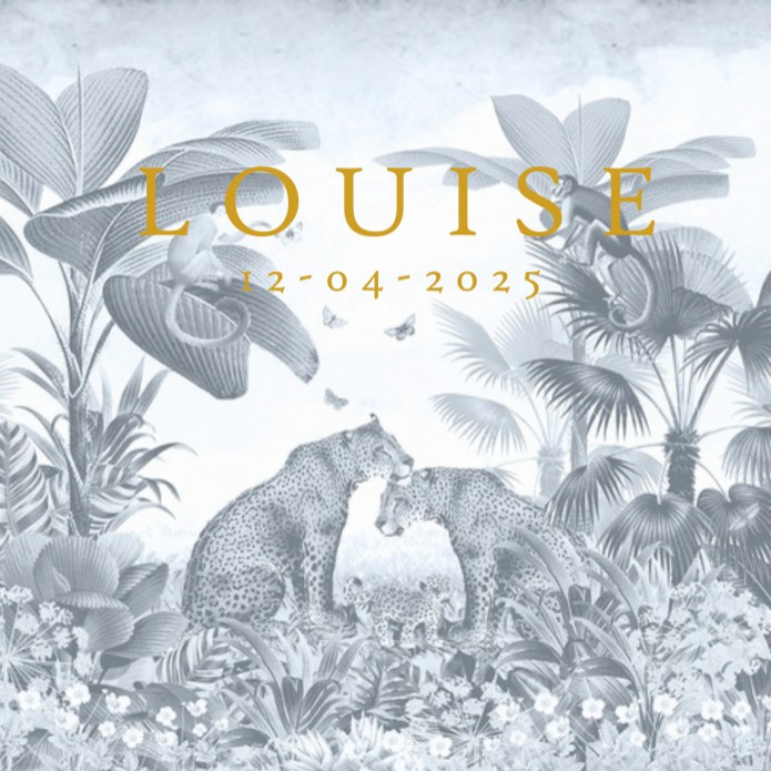 Geboortekaartje jungle in delfts blauwe tint met goudfolie