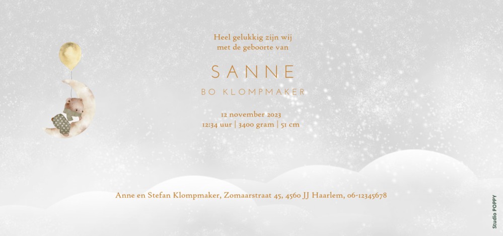 Een sprookjesachtig geboortekaartje met wolken en een dieren parade. Ballonnen als kadootje voor het pasgeboren babietje. Met de hand geschilderde aquarel diertjes in prachtige kleuren. In de beeldbank kun je nog meer beeldmateriaal vinden.