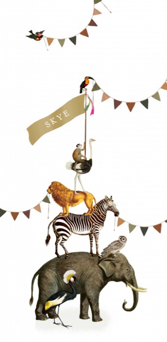 Geboortekaartje stapel dieren die slingers ophangen