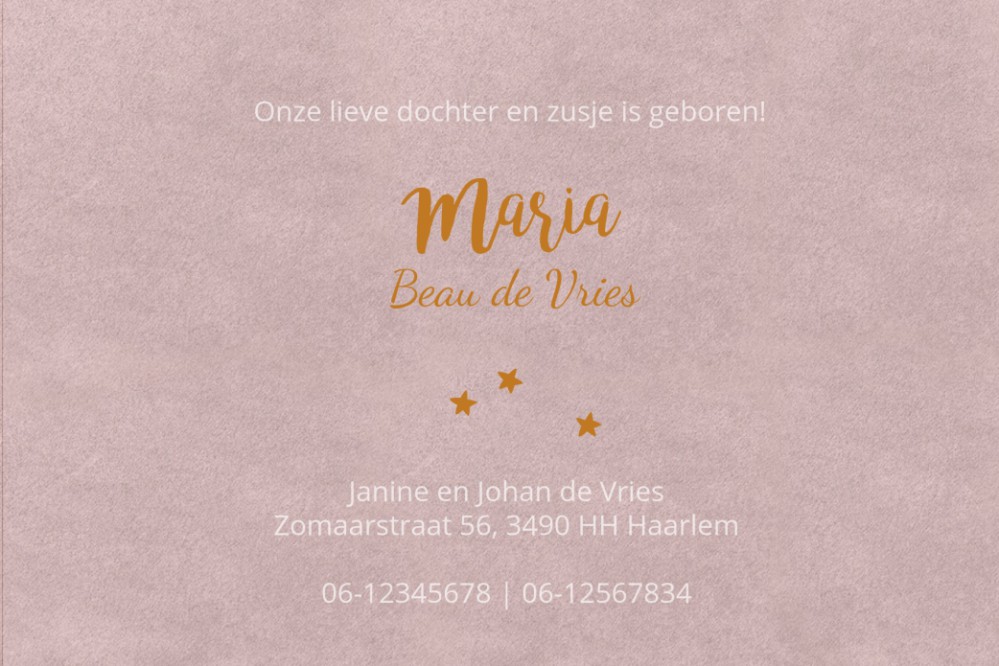 Geboortekaartje velvet look met folie geeft een heel veel warmte aan jullie geboortekaartje. Velours is in verschillende tinten te selecteren voor jouw favoriete look. Klassieke en strakke look met de luxe van folie. Maak eens een proefkaartje en haal jou