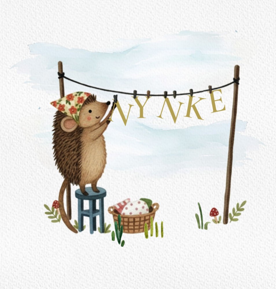 Lief geboortekaartje van een egel dat de was aan het ophangen is. De lettertjes van de naam kun je met de wasknijpers aan de lijn hangen. Speels geboortekaartje en uniek in zijn soort!