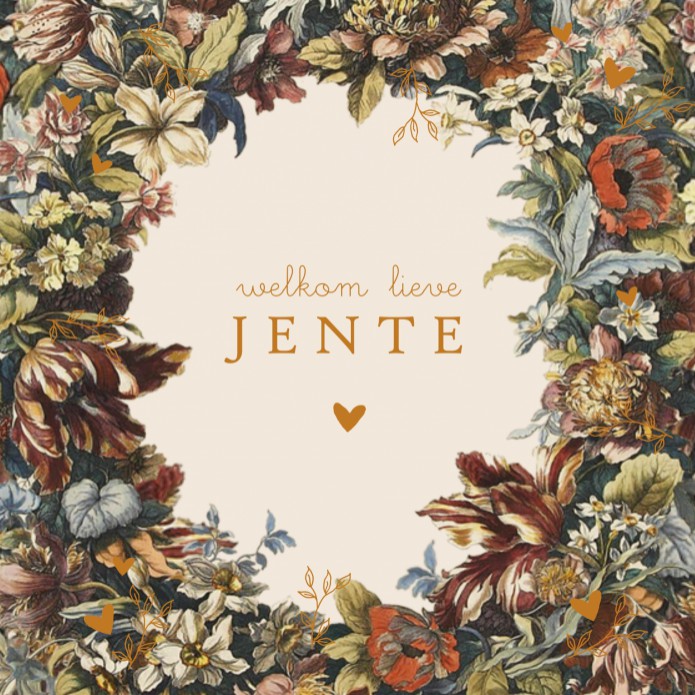 Geboortekaartje bloemen vintage met folie