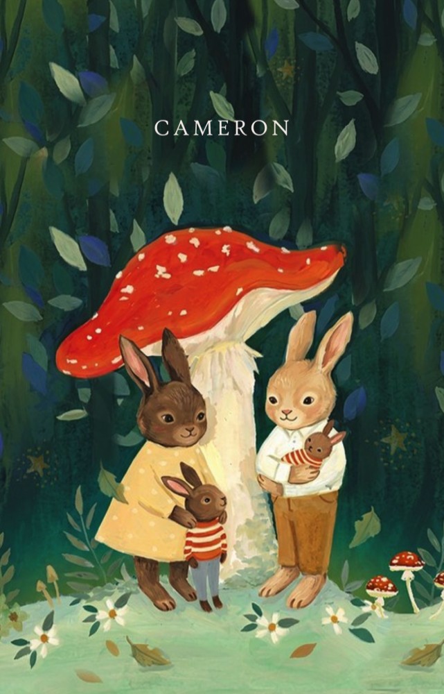 Een heel illustratief geboortekaartje met originele illustratie in sprekende kleuren. Met de hand geschilderde konijnen familie onder een paddenstoel in het bos.
