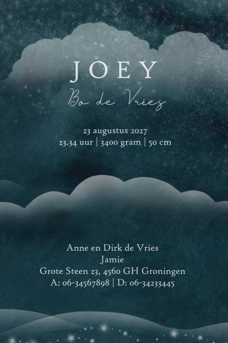 Volgens de laatste trends dit geboortekaartje met walvis in de wolken. Een fantasierijk illustratief geboortekaartje dat veel complimenten zal krijgen. Vraag eens een proefdruk aan om het kaartje met eigen ogen te bewonderen. Gedrukt op de allerbeste papi