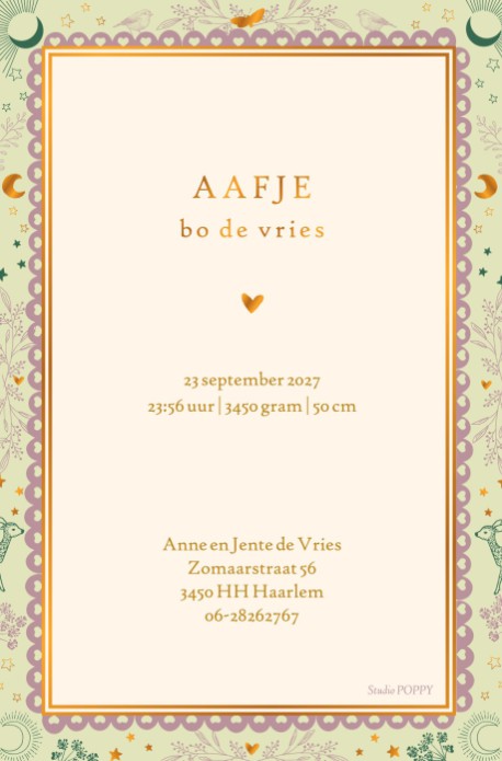 Geboortekaartje bohemian met fases van de maan. De sterren en maantjes passen perfect in de sfeer van dit illustratieve geboortekaartje. Alle kleuren zijn naar eigen inzicht aan te passen. Met of zonder folie.