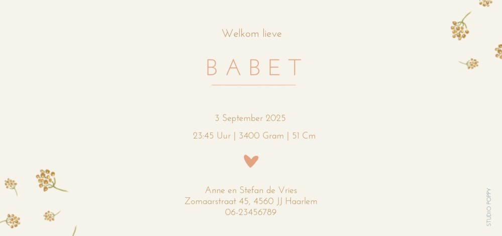 Romantisch geboortekaartje met lief bloemen patroon. In combinatie met folie een heel lux geboortekaartje waar aandacht aan besteed is. Prachtige papiersoorten en enveloppen beschikbaar. Vraag eens een proefkaart aan om de kwaliteit zelf te ervaren.