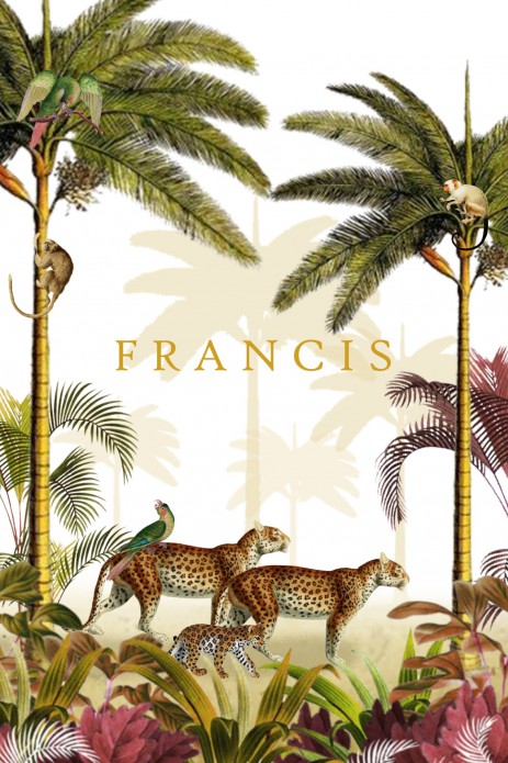 Geboortekaartje foliedruk panter gezin en palmbomen