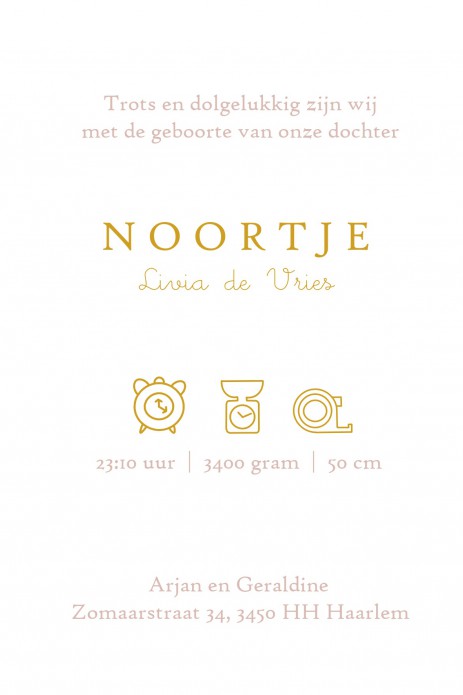 Een heel stijlvol geboortekaartje met regenboog en sterretjes in goudfolie. Er is keuze in 4 soorten foliedruk, zilver, goud, koper en rosegoud. Vraag eens een gratis proefkaart aan en bekijk zelf eens de prachtige kwaliteit van het geboortekaartje. Een u