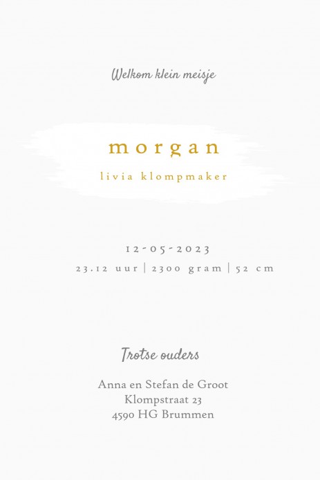 Geboortekaartje lief klassiek met foliedruk. Klassiek maar wel op een nieuwe bijzondere manier. In de designtool kun je zelf aan de slag met verschillende lettertypes en kleuren. De achtergrond is aanpasbaar naar elke gewenste kleur.