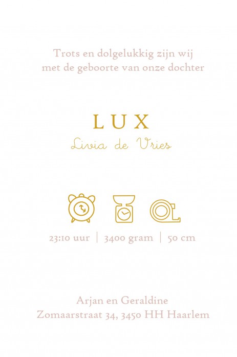 Een heel stijlvol geboortekaartje met het sterrenbeeld van jullie kindje en sterretjes en planeten in goudfolie. Uiteraard zijn alle sterrenbeelden beschikbaar. Mooiste papiersoorten voor een uniek geboortekaartje. In de editor kun je zelf jouw favoriete 