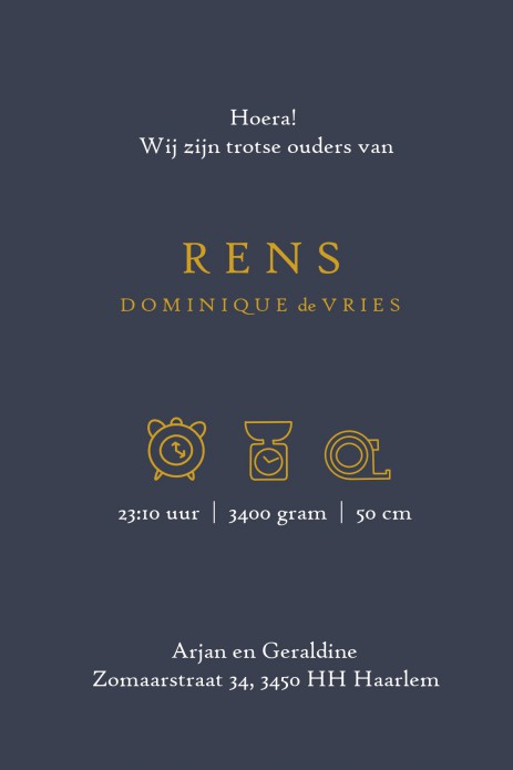 Een heel stijlvol geboortekaartje met het sterrenbeeld van jullie kindje en sterretjes en planeten in goudfolie. Uiteraard zijn alle sterrenbeelden beschikbaar. Mooiste papiersoorten voor een uniek geboortekaartje. In de editor kun je zelf jouw favoriete 