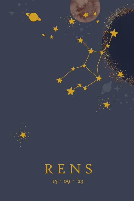 Geboortekaartje foliedruk sterrenbeeld met sterren, aarde en planeten