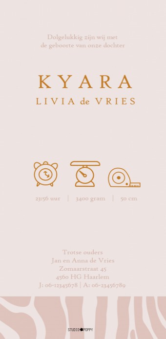 Geboortekaartje foliedruk zebra print. Geboortekaartje met foliedruk is héél stijlvol en chique. Het maakt jouw kaartje extra bijzonder voor jullie kindje. Er zijn verschillende soorten foliedruk om tussen te kiezen. Ga zelf aan de slag met jouw voorkeure