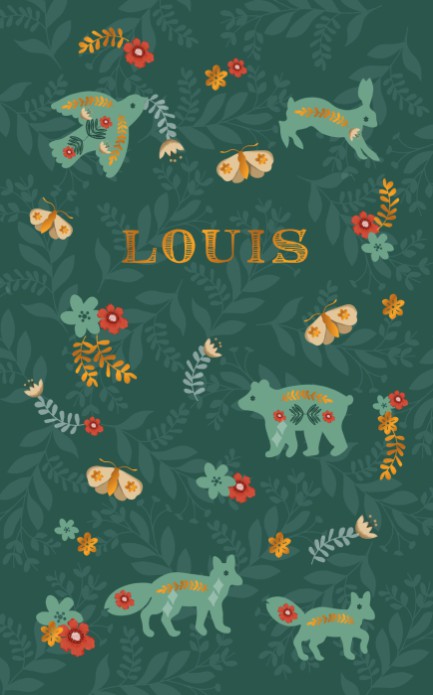 Geboortekaartje folklore en Scandinavische invloeden. De bosdieren zijn illustratief gerangschikt in prachtige kleuren. Met behulp van de beeldbank kun je ze precies ordenen zoals jij dat wil.