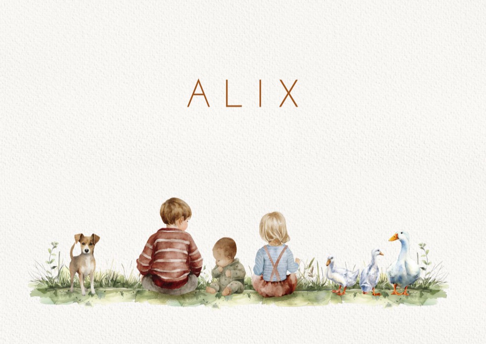 Geboortekaartje gezin in weiland