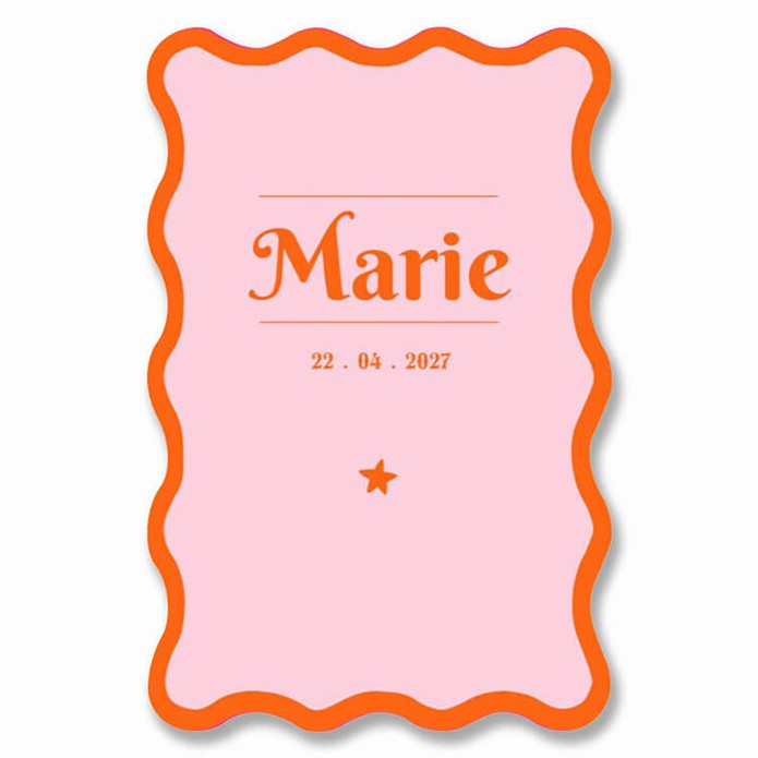 Een uniek geboortekaartje met golvende rand in roze en oranje. Een geboortekaartje op een hele bijzondere wijze vervaardigd. Color blocking en het is ook mogelijk om er folie aan toe te voegen. Met de editor kun je zelf de kaart personaliseren en van kleu