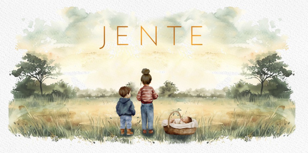 Geboortekaartje weiland met schapen en een gans. Broer en zus staan ook op het geboortekaartje evenals de baby in het mozeswiegje. Mix and match jouw eigen gezin bij elkaar! De boerderij in watercolor techniek voor jullie geboortekaartje.