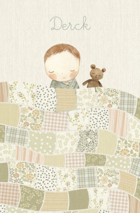 Een heel stijlvol geboortekaartje met originele handgetekende quilt deken met slapende baby. De ronde hoeken optie kun je aanzetten bij het bestellen van de proefkaart of oplage.