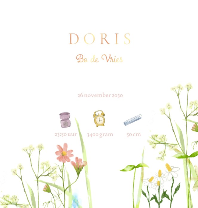 Een heel stijlvol geboortekaartje met originele handgeschilderde bloemen illustratie. Een illustratief geboortekaartje in heldere lente kleuren en heel geschikt als lente of zomer geboortekaartje.