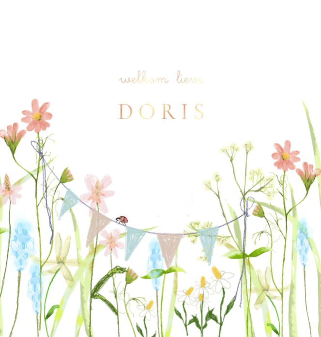 Een heel stijlvol geboortekaartje met originele handgeschilderde bloemen illustratie. Een illustratief geboortekaartje in heldere lente kleuren en heel geschikt als lente of zomer geboortekaartje.