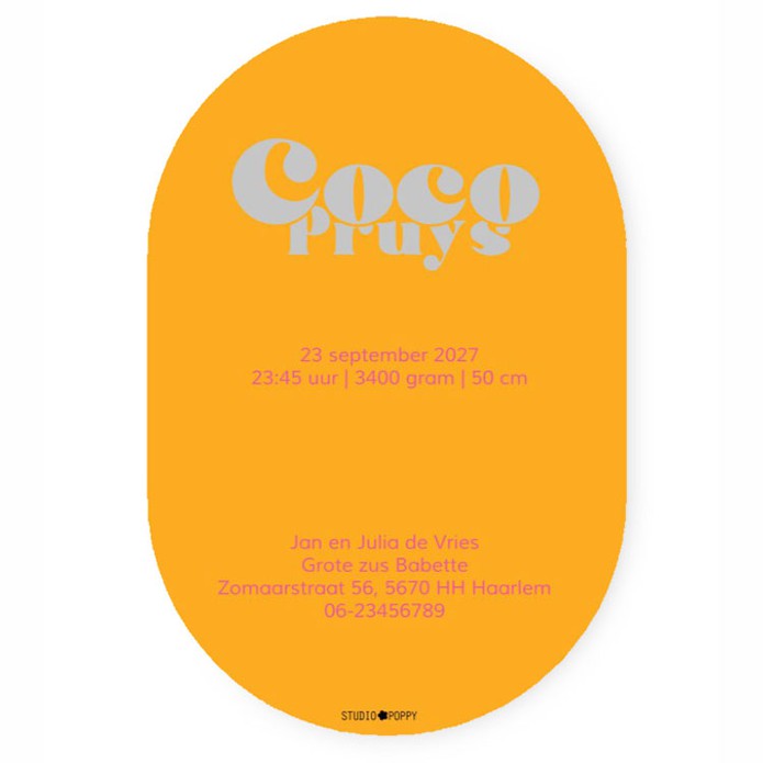 Geboortekaartje met heldere kleuren en vormen in ovaal vorm. Contrastrerende kleuren zijn helemaal een hit tegenwoordig, color blocking dat de kleuren van het kaartje afspatten. Met dit kaartje zit je wel goed, vraag eens een gratis proefkaart aan.