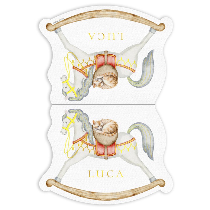 Geboortekaartje hobbelpaard met folie. Een bijzondere vorm geboortekaartje zodat hij ook echt heen en weer kan wiegen. Jullie huisdier of broertje zusje is ook op het kaartje te plaatsen. Een bijzonder drie dimensionaal geboortekaartje. 3D
