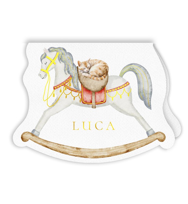 Geboortekaartje hobbelpaard met folie. Een bijzondere vorm geboortekaartje zodat hij ook echt heen en weer kan wiegen. Jullie huisdier of broertje zusje is ook op het kaartje te plaatsen. Een bijzonder drie dimensionaal geboortekaartje. 3D