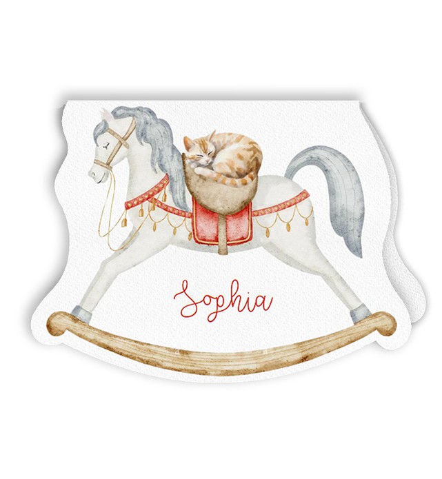 Geboortekaartje met hobbelpaard in bijzondere vorm. Als je hem neerzet kan het kaartje echt hobbelen! Een lieve kat licht te slapen maar je kunt er ook een ander huisdier aan toevoegen. Een bijzonder geboortekaartje in speciale vorm is anders dan alle and