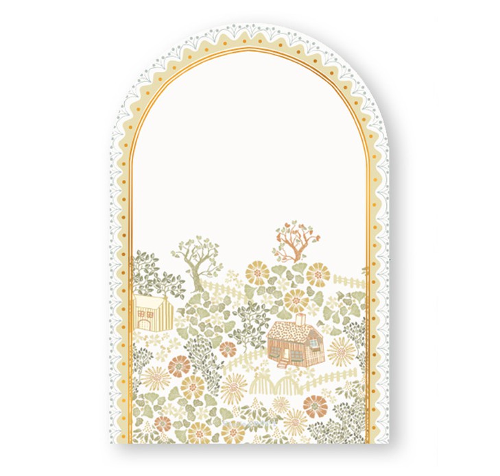 Geboortekaartje in boogvorm met handgetekende huisjes en bomen. Zachte kleurtonen maken het een rustig doch illustratief geboortekaartje. Wil jij dit kaartje thuis ontvangen? Vraag eens een proefdruk aan.