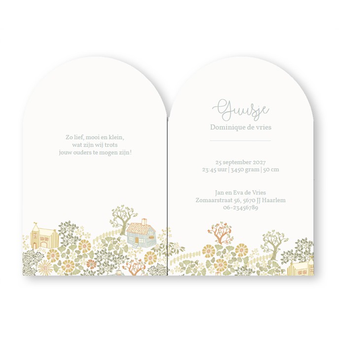 Geboortekaartje in boogvorm met handgetekende huisjes en bomen. Zachte kleurtonen maken het een rustig doch illustratief geboortekaartje. Wil jij dit kaartje thuis ontvangen? Vraag eens een proefdruk aan.