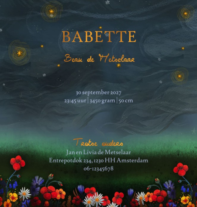 Dromerig geboortekaartje bos met een huisje en de maan. Een rookpluim dwarrelt de lucht met vele sterren in. Het licht van de maan schijnt over de bomen, bloemen en vos die er loopt. Prachtig beeld in sprekende kleuren. Vraag eens een gratis proefkaartje 